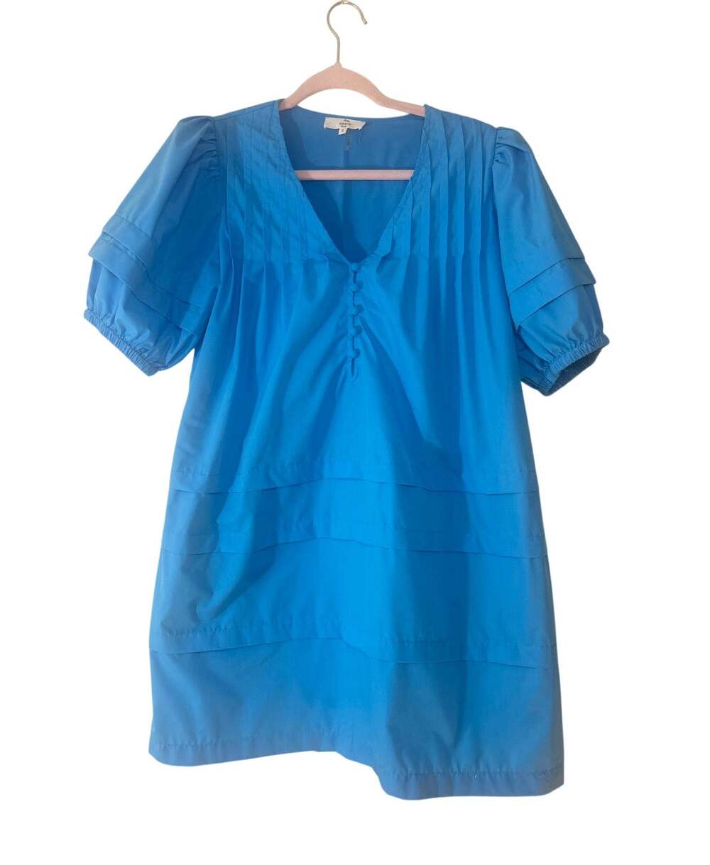 Entro Blue Pintuck V-Neck Puff Sleeve Button Front Shift Mini Dress Small